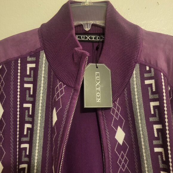 Luxton Full Zip Purple Gray Geometric Elbow Patch Sweater Pockets Mens Large NWT - Picture 3 of 11